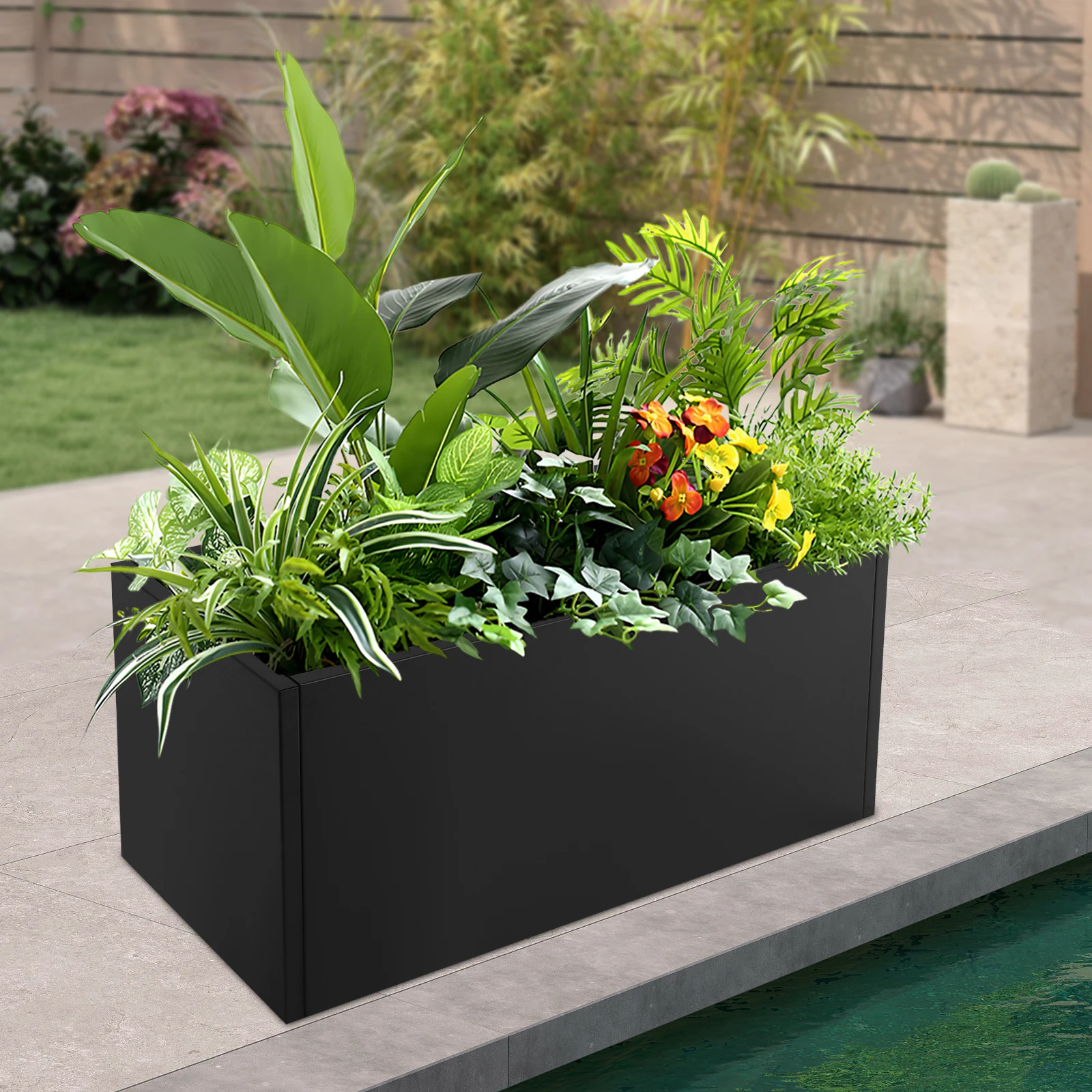 

Черный стальной ящик для растений 38x16x20 дюймов с высокотемпературной эмалевой покраской и съемной вставной полкой для использования внутри и снаружи помещений