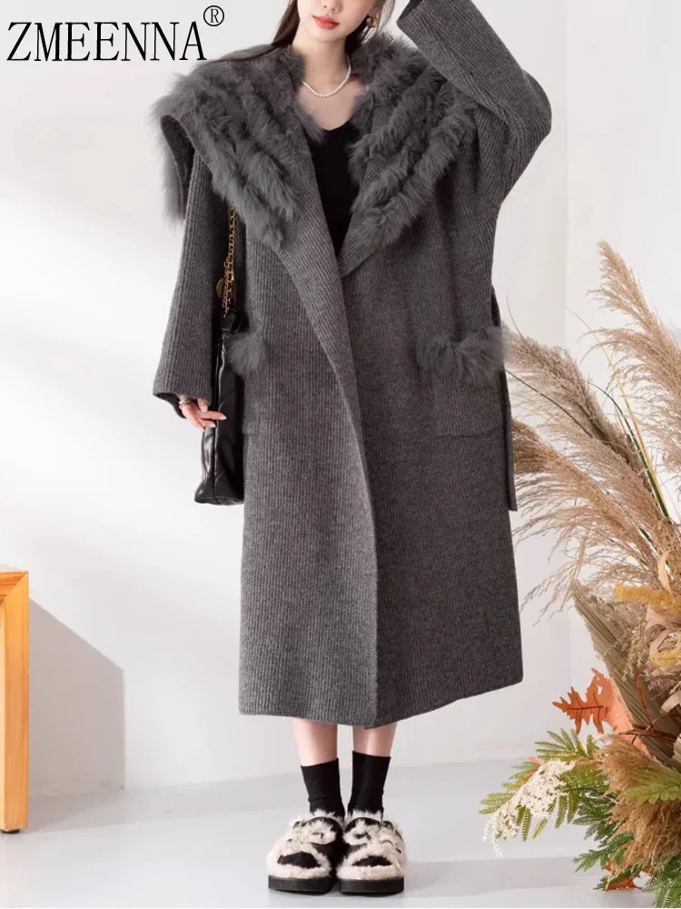 

ZMEENNA Womens Elegant Grey Wool Blend Coat With Faux Fur Trim Shawl Lapel And Waist Belt Winter Outerwear ZM3674