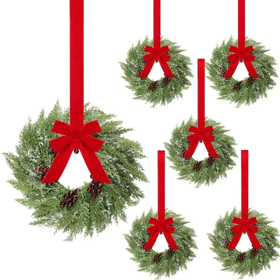 12 Pcs Small Christmas Norfolk Wreaths 15 Inch Christmas Kitchen Cabinet Mini Wreath Real Touch with Bow Ribbon Cedar Red Berry