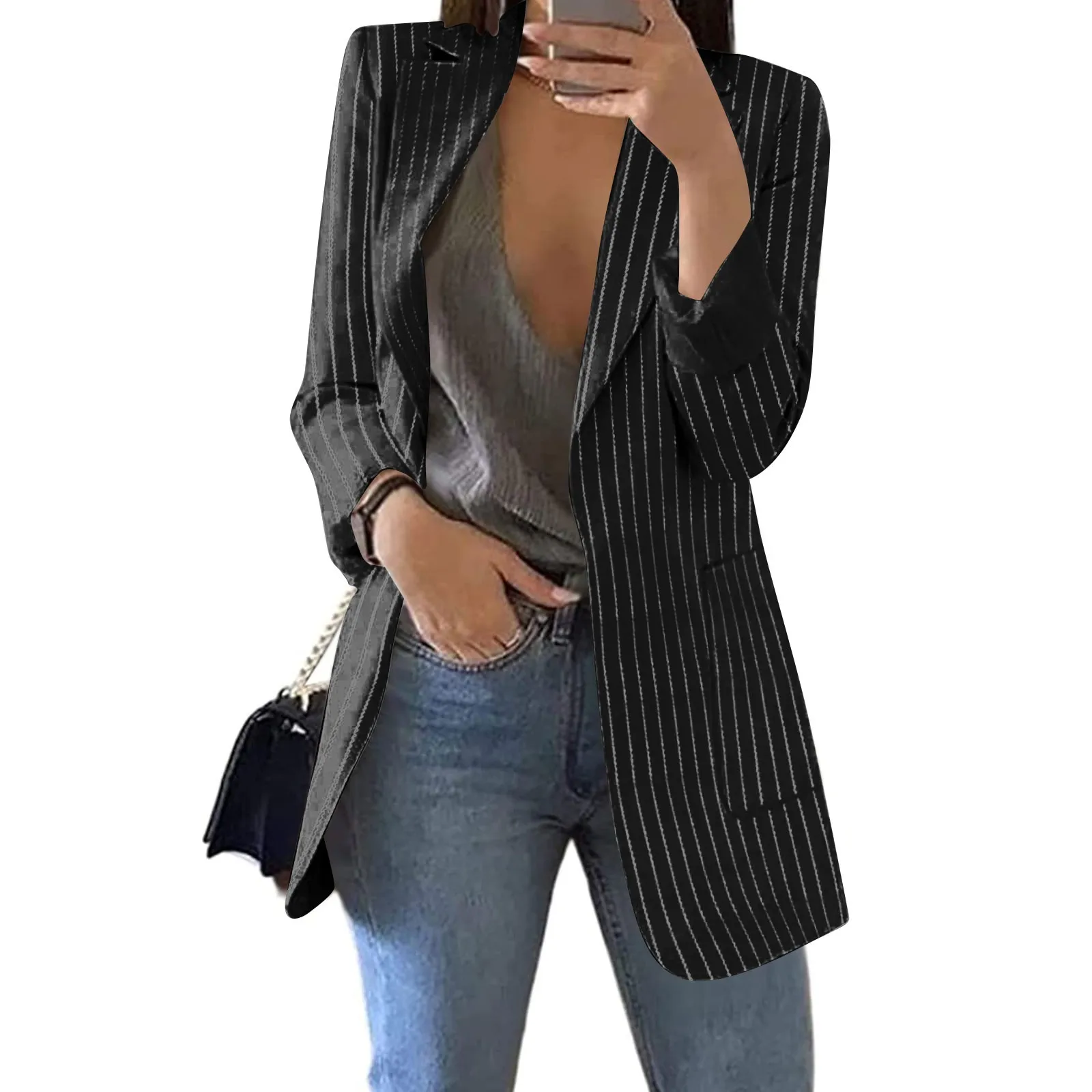 Women\'s Blazer Coat Stripe Open Front Pockets Cardigan Formal Suit Long Sleeve Blouse Coat