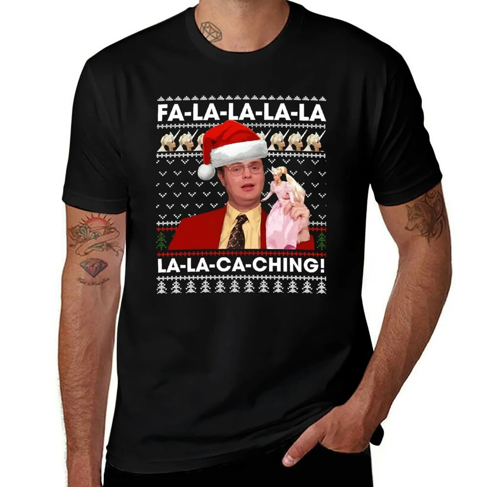 FA La La La La-Ca-Ching Dwight Schrute Office Xmas Ugly Christmas T-Shirt Water Resistant Casual T-Shirt