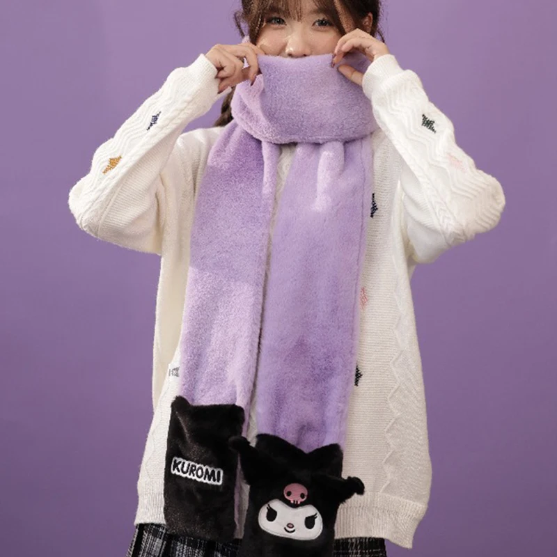 Miniso Cinnamoroll Kuromi Winter Schoolgirl Scarf Gloves In 1 Set Woman Neckerchief Teenage Rabbit Hair Scarves Girls Neck Cover