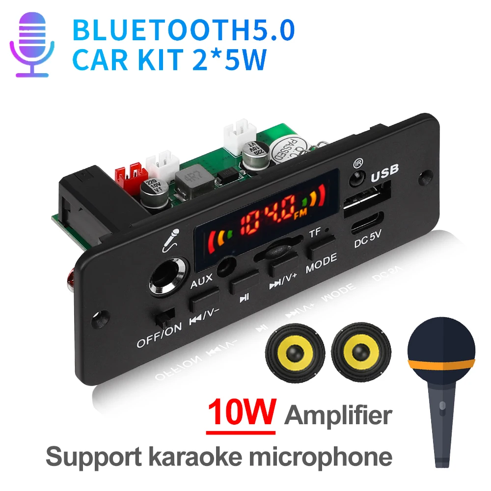Wireless Bluetooth MP3 Decoder Board 10W Amplifier DIY Car MP3 Player Audio FM Radio Handsfree Call Recording Support Microphone