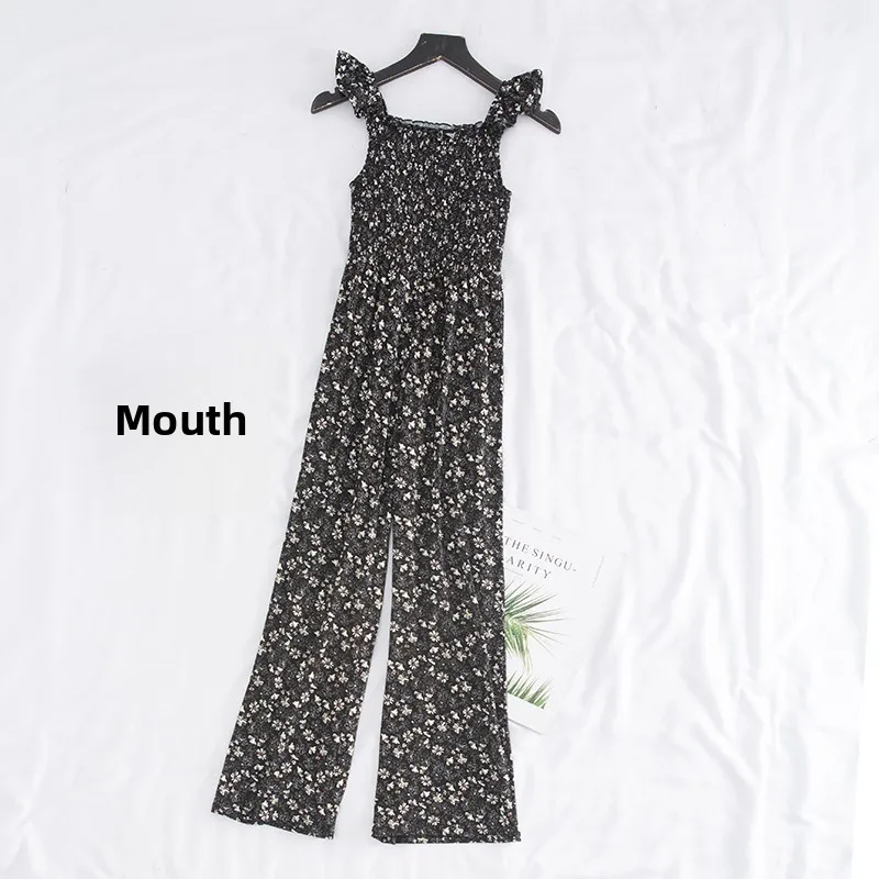 Kombinezon damski w kwiatowy wzór, letni, z paskiem, proste nogawki, luźny, wyszczuplający, długie spodnie, modny, z wysokim stanem, poli...