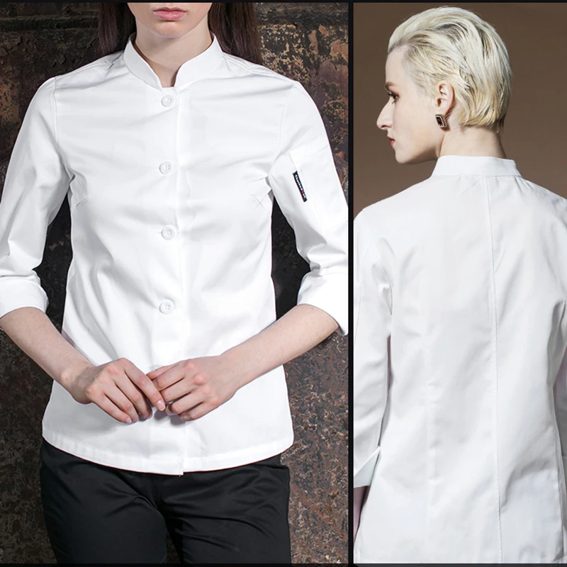 Camisa de Chef blanca de alta calidad para mujer, chaqueta de manga larga para restaurante, uniforme de cocina para Hotel, abrigo de cocina, ropa de trabajo para camarera