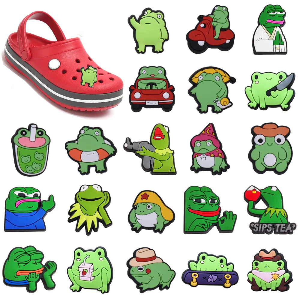 Wholesale 1pcs PVC Shoe Accessories for Crocs Charms Funny Green Frog Badge Women Sandals Buckle Kids Pins Men Decoration Jeans