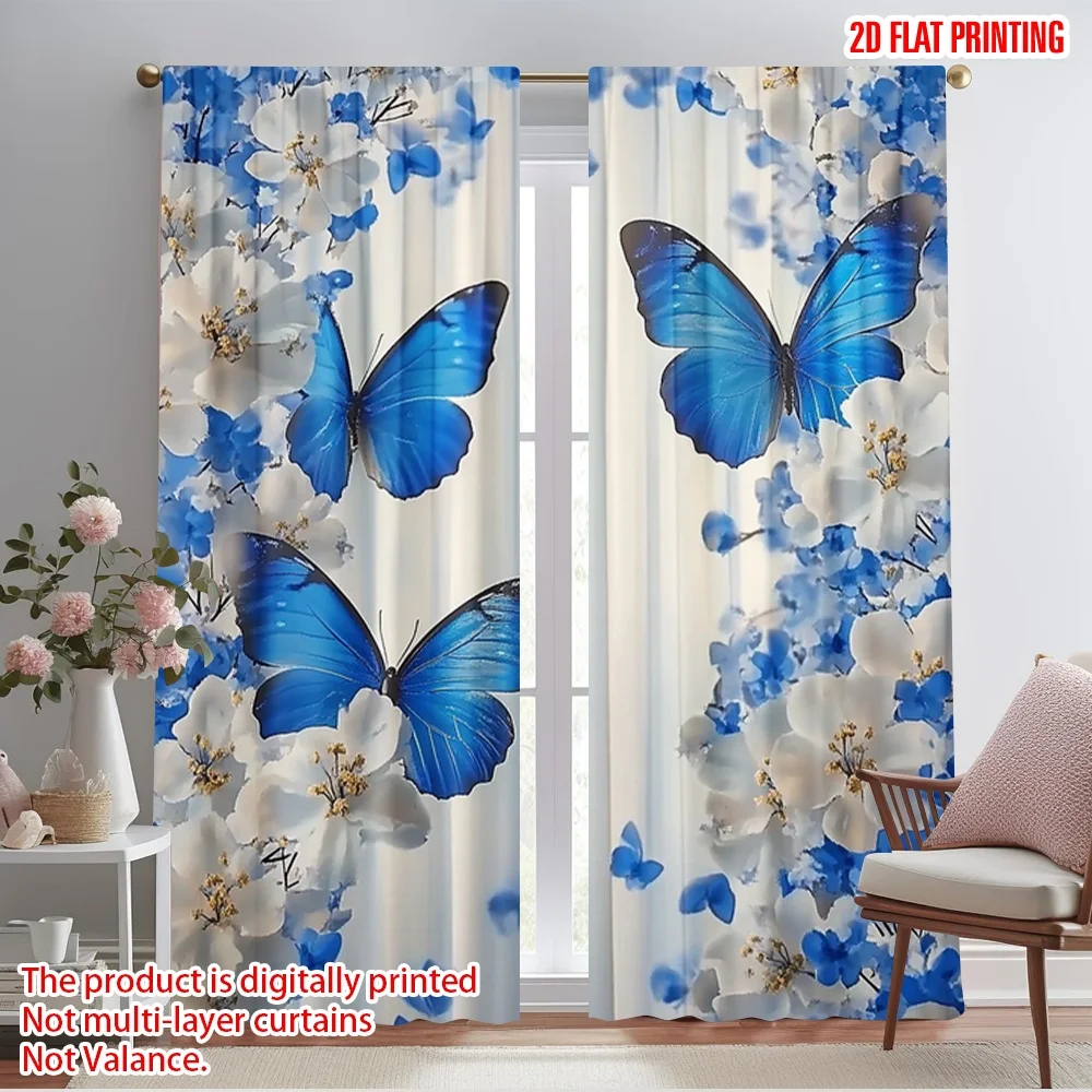 2 Stück 2D-Flachdruck-Szenenvorhänge, blauer Schmetterling, Blumenstoff, ohne Strom, Geburtstagsfeier, perfekt für Zuhause, Wand, Hof