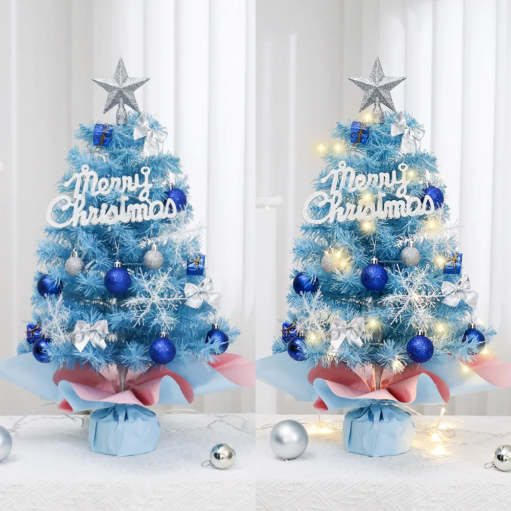 45/60cm Blue Christmas Tree With LED light Mini Christmas Tree Desktop Miniature Pine Ornaments Xmas New Year Party Decoration