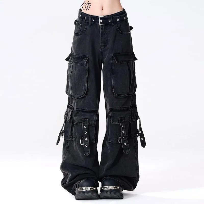 

Women's 2025 Summer American Vintage Washed Cargo Jeans Streetwear Wide Leg Straight Loose Fit Denim Pants Retro Urban Design