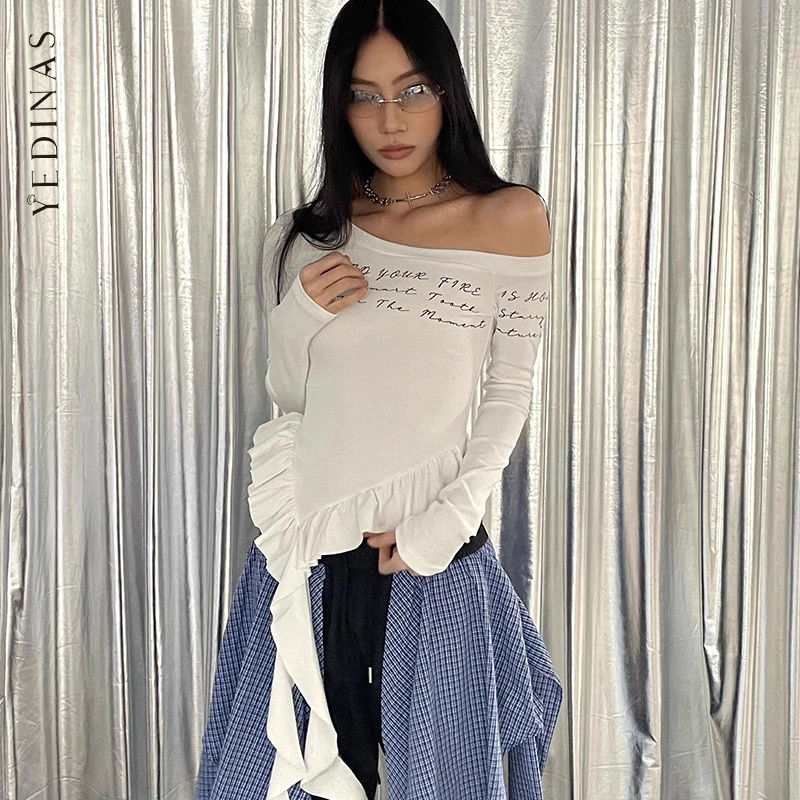 

Yedinas Streetwear Off Shoulder Print T-shirt Woman Clothing Long Sleeve Korean Fashion Graphic Tee Female Clothing 2000s Y2k