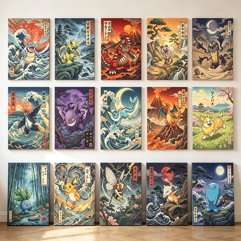 Pokemon Vintage Japanese Ukiyo E Canvas Wall Art Gengar Charizard Eevee Anime Posters Living Room Bedroom Aesthetic Decor Gifts