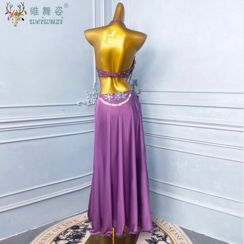 Conjunto de desempenho de dança do ventre para mulheres, sutiã de lantejoulas sênior personalizado + saia longa dividida sexy, fantasia de competição de dança oriental