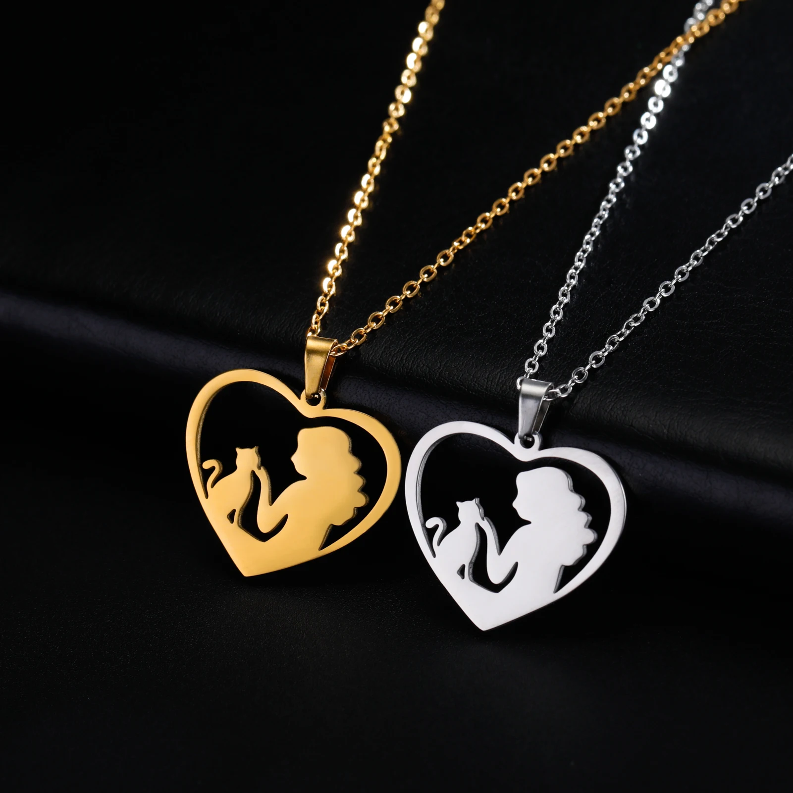Lemegeton Mädchen und Katze Hohl Herz Halskette Edelstahl Halsketten Frauen Mode Schöne Schmuck Schöne Kätzchen Haustier Liebhaber Geschenk