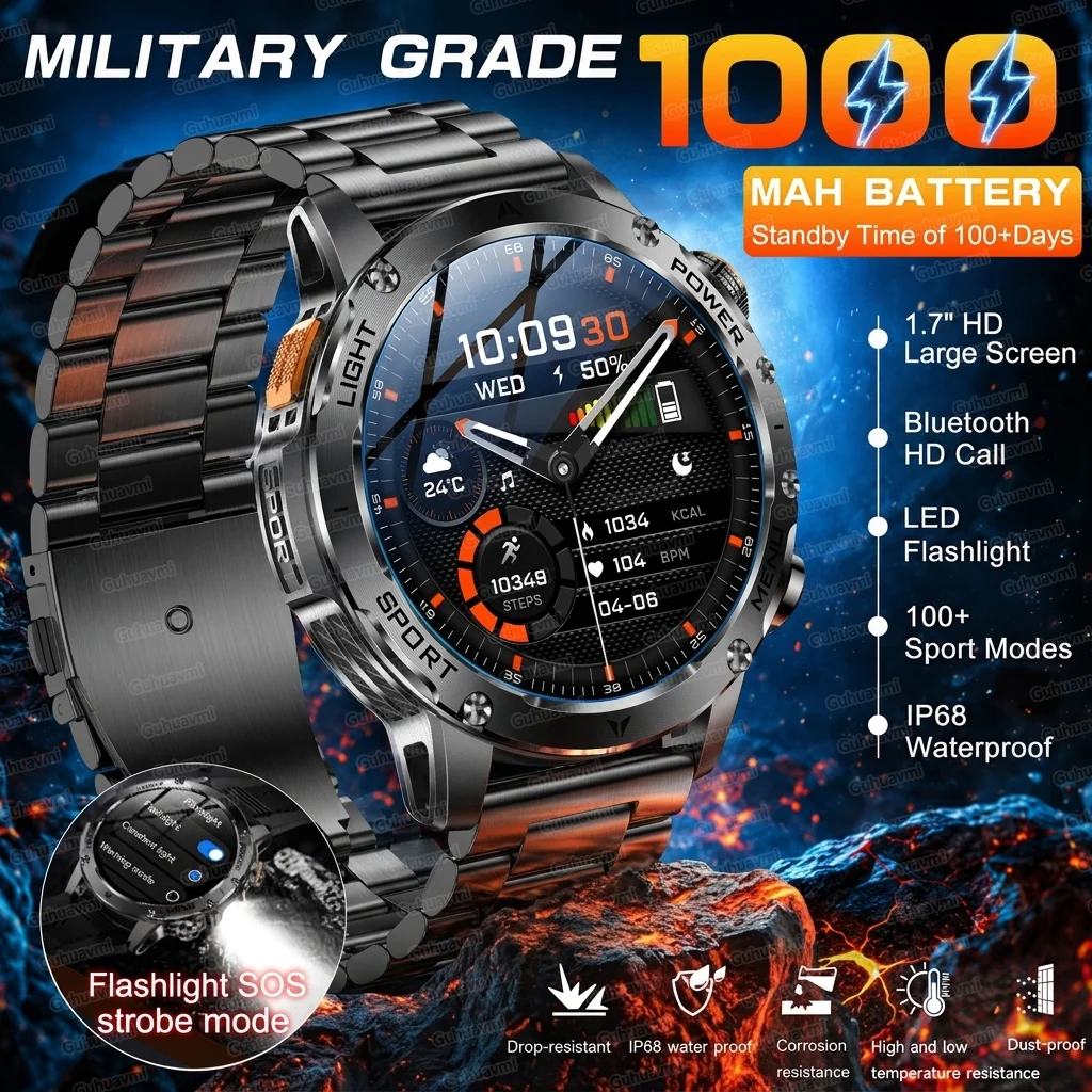 Nouvelle montre connectée militaire d'extérieur 2026, batterie 1000 mAh longue durée, suivi d'activité, montre de sport tactique étanche avec lampe torche, bracelet d'appel Bluetooth pour hommes, dernière version CPU, cadeau idéal pour les fêtes