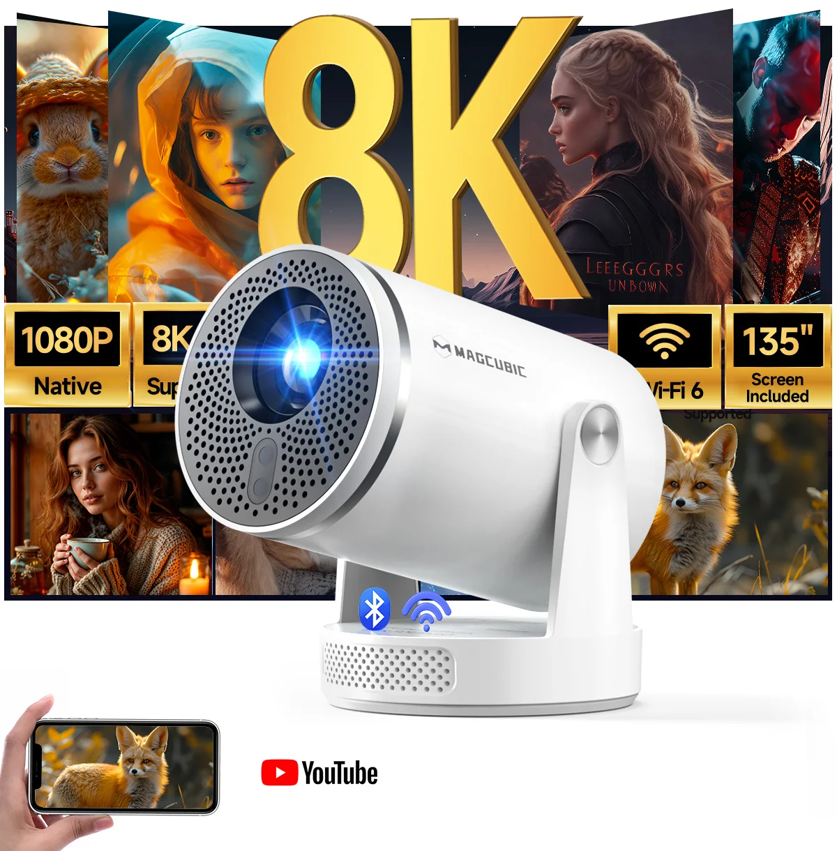 Magcubic HY320Pro Verbesserter HY300 Pro Projektor, Android 14 Sprachsteuerung 8K 400ANSI Native 1080P Full HD Autofokus, Tragbares Heimkino