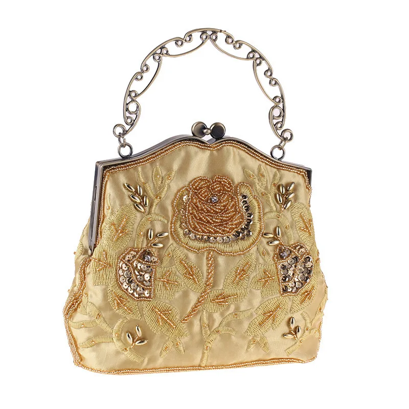 Vintage Embroider Beading Evening Bag Women Metal Handle Top-Handle Bag Phone Cosmetic Evening Bag Party Beaded Lace Handbags