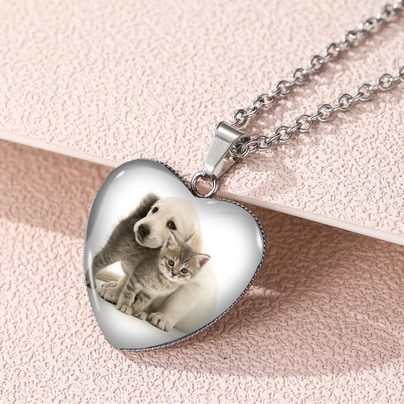 2024 Cute Cats and Dogs Cuddle Up Printings Necklace Glass Cabochon Pendants Handmade Crafts Fashion Jewelry