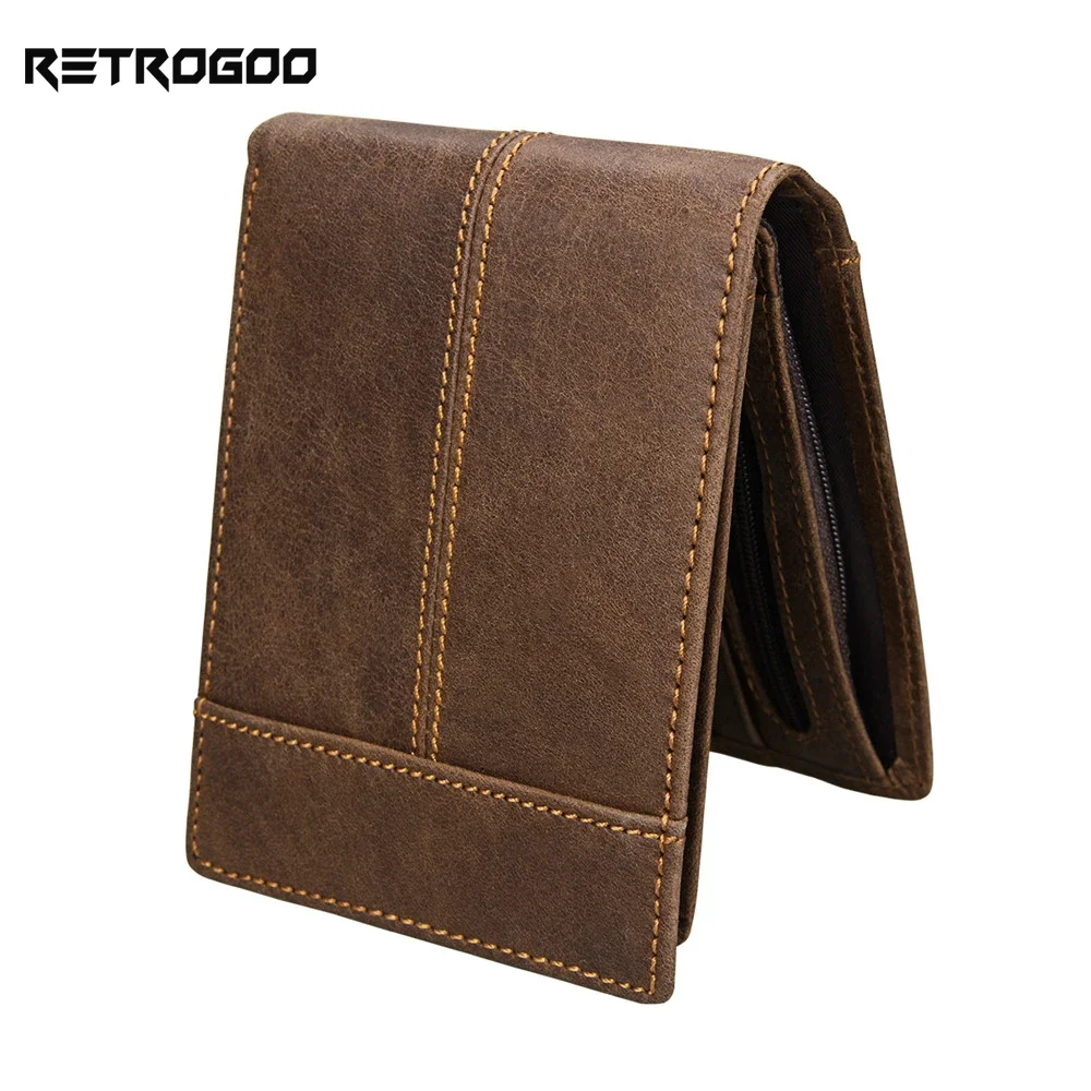 RETROGOO RFID Blocking Men Wallet Simple Man Vintage Genuine Leather Wallet Male Handmade Billfold Coin Purse Male Short Wallet