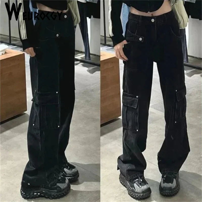 2023 Spring Autumn Fashion Versatile Vintage Multi-pockets Jeans Women Small Slim High Waist Straight Loose Wide Leg Cargo Pants