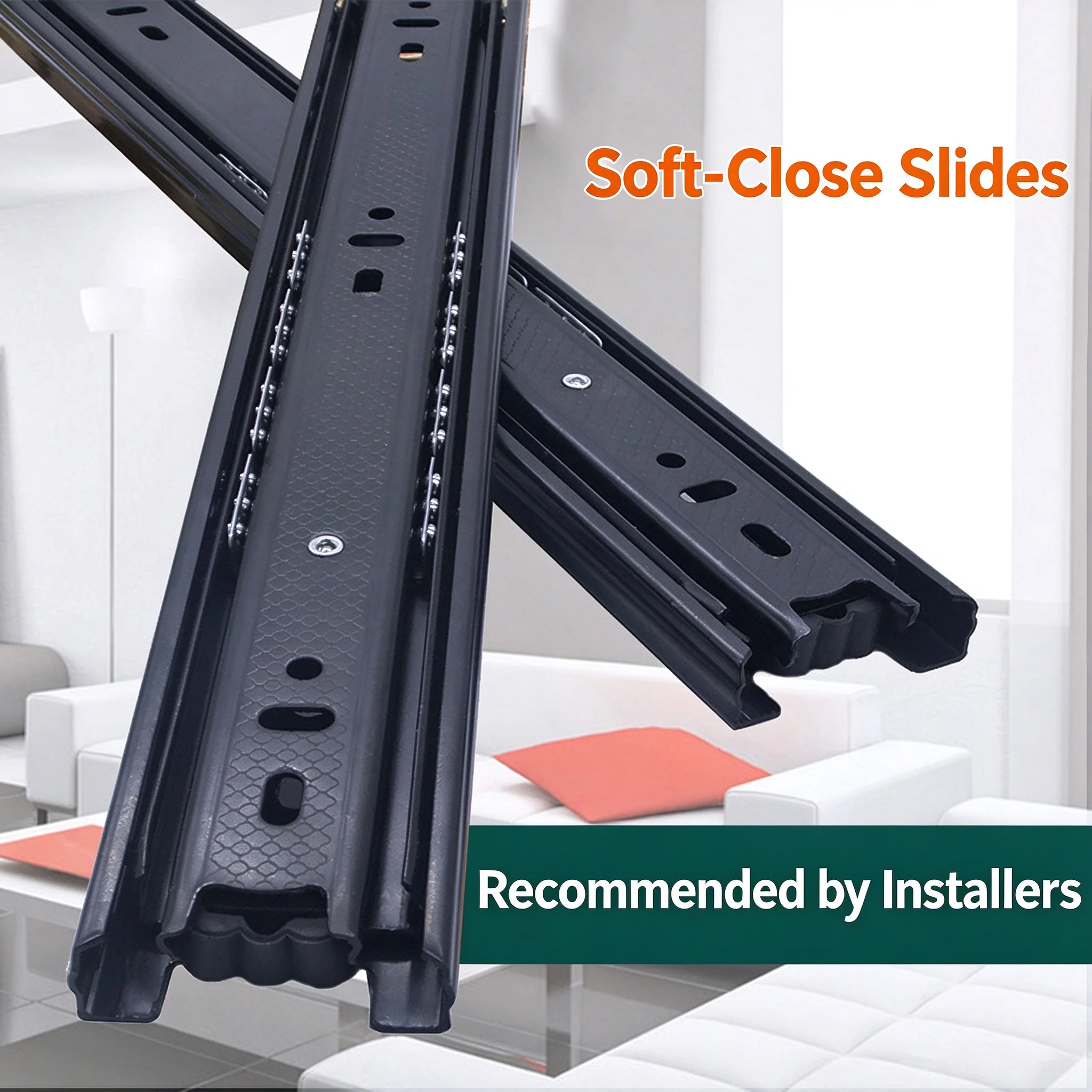 3-Section Ball Bearing Drawer Slides, Black Heavy-Duty Non-Soft-Close Cold-Rolled Steel Cabinet Runner Track, 6-20in, 2 Pcs/Set