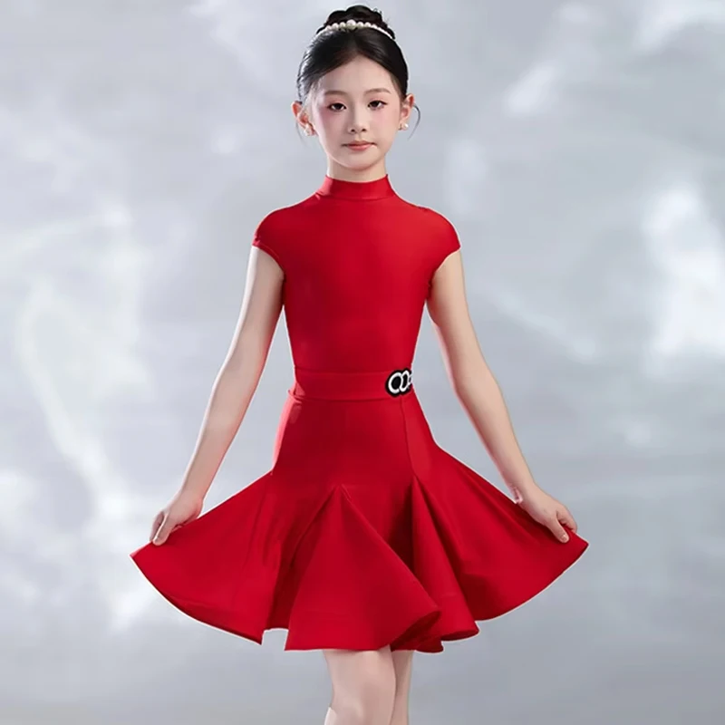 

Красное платье для латинских танцев для соревнований, наряд для выступлений с короткими рукавами для девочек, профессиональная одежда для танцев на сцене AMY2024
