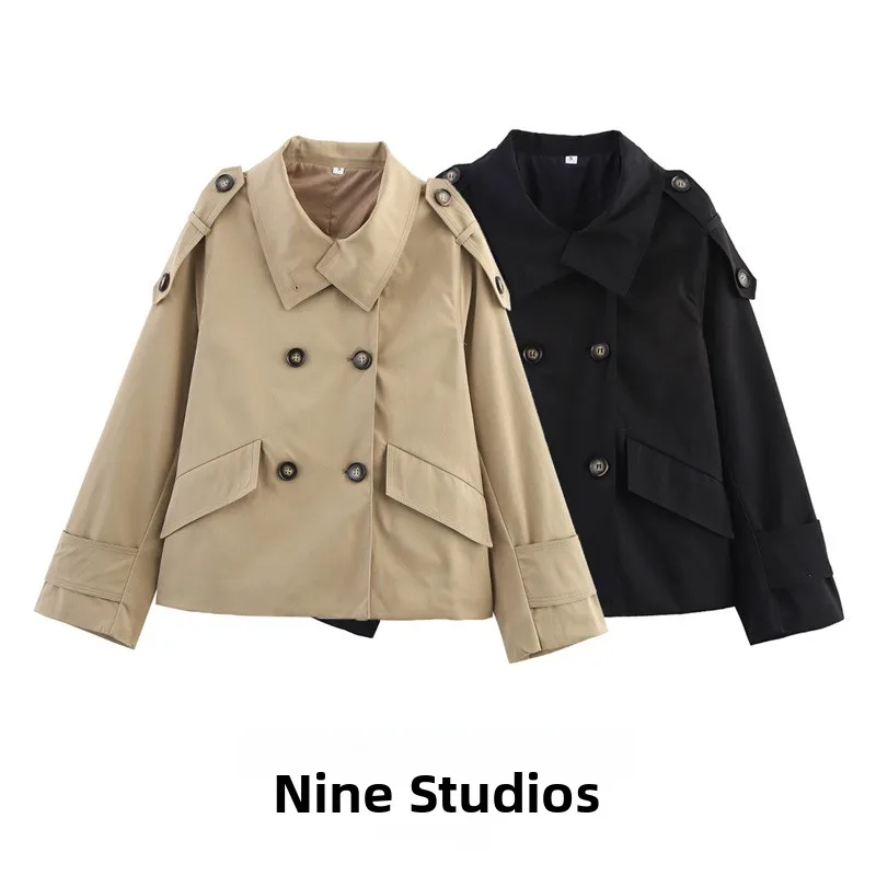 

NINE ZA Women's ort Loose Fit High Collar Jaet with kets in Two Colors Commute Sle Long Sve Coat Single Piece
