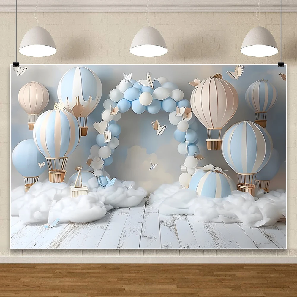 الأزرق منطاد الهواء الساخن عيد ميلاد خلفية طائرة بالون قوس تيدي بير استحمام الطفل التصوير خلفية صور استوديو الدعائم