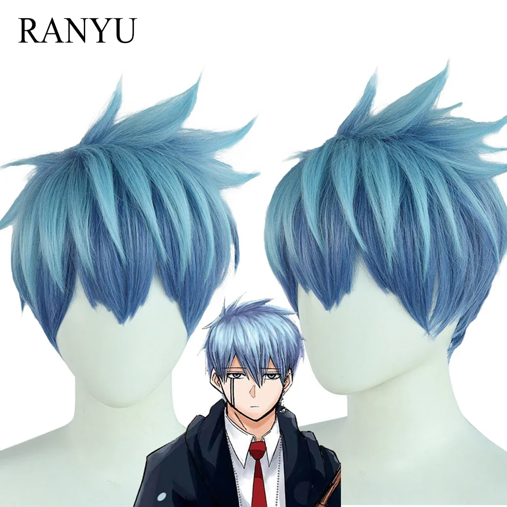 RANYU Men Synthetic Anime Cosplay Wig Short Straight Blue Mixed Fluffy Hair Heat Resistant Wig For Party