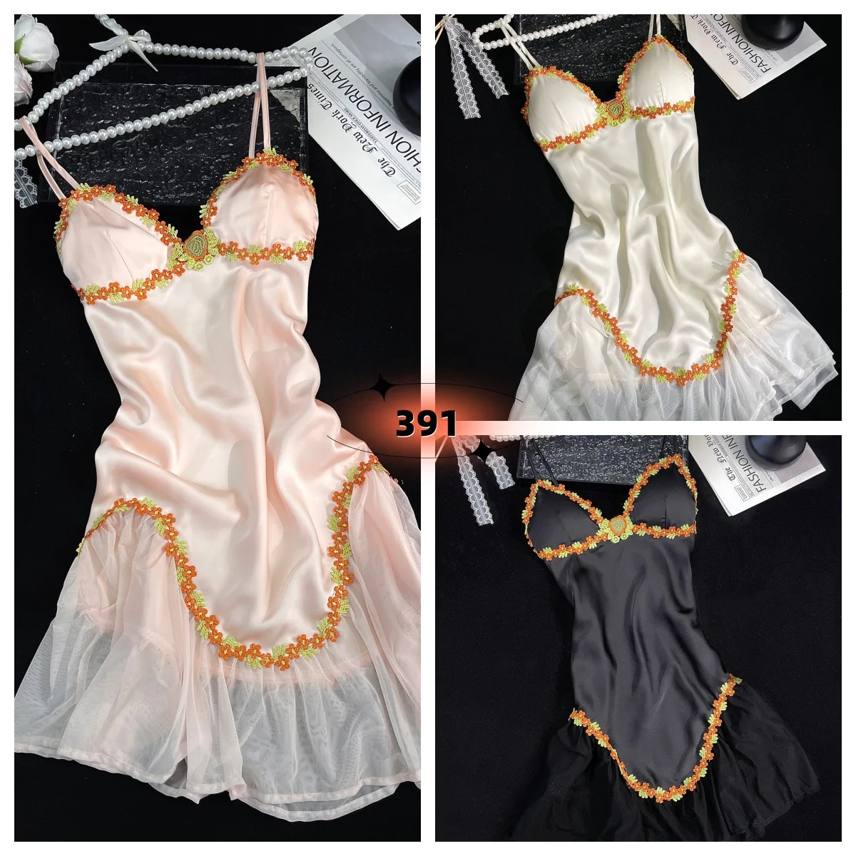 

Gold Embroidery Floral Applique Sleepwear Nightgown Summer Sexy Spaghetti Sling Homewear Satin Female Nightdress