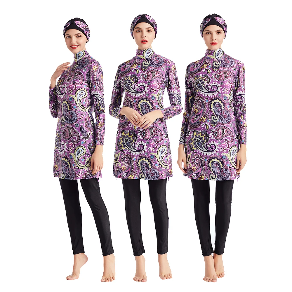 Burkini Muslim Women's Swimwear, Plus Size Swimsuit, Plus Size Swimwear, Vintage Luxury, Purple Floral Printed, 3Pcs, S-3XL