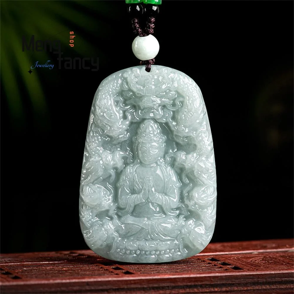 

Natural Myanmar A-goods Jadeite Nine Dragons Guanyin Pendant Exquisite Handicraft Buddhist Amulets Fashion Jewelry Holiday Gift