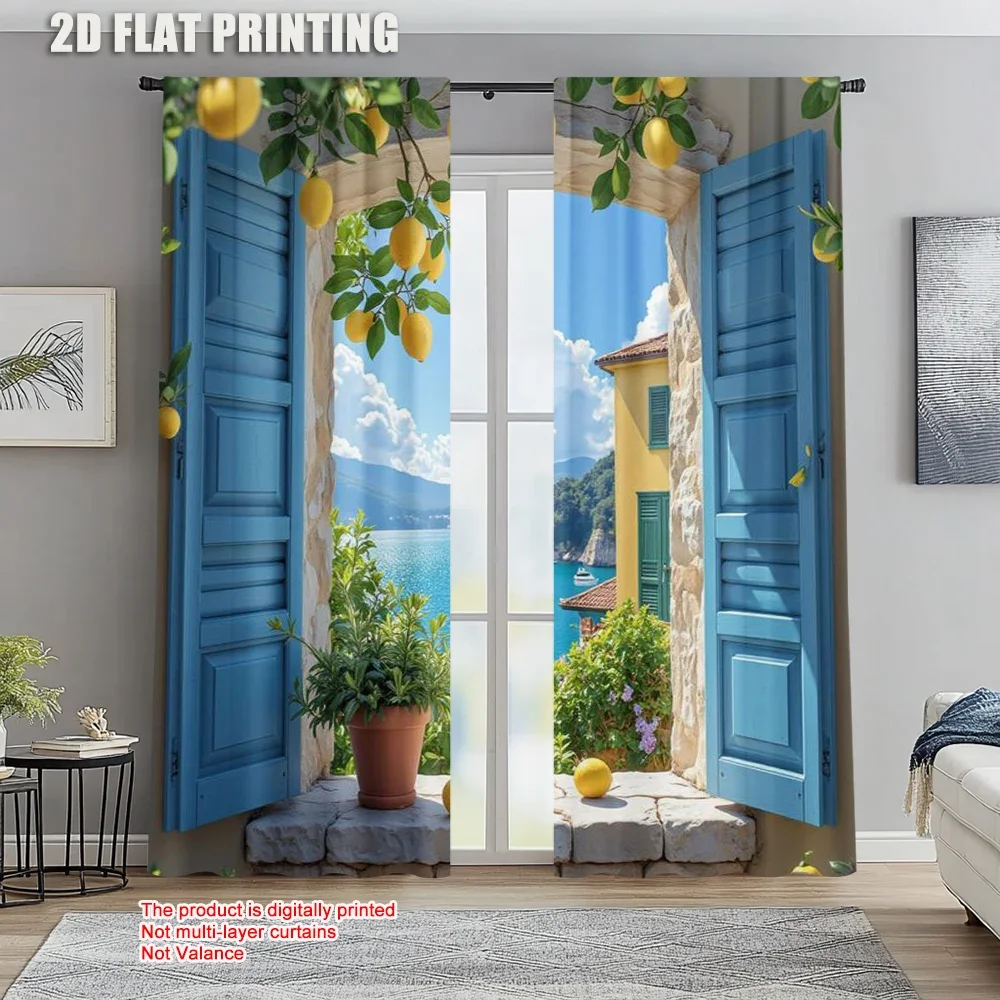 Summer Ocean View Digital Print Curtain Pair Blue Lemon Mediterranean Style Windows Curtains Decor 2pcs