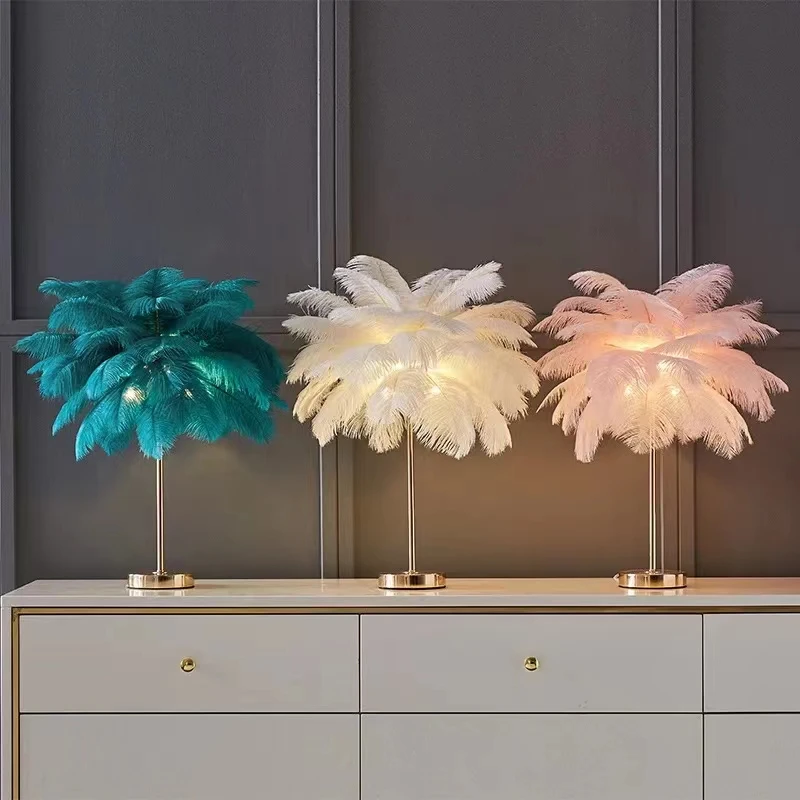 Modern Nordic Feather Tree Bedside Lamp, Avestruz Feather Table Light, lâmpada de mesa romântica para casamento, rosa e branco