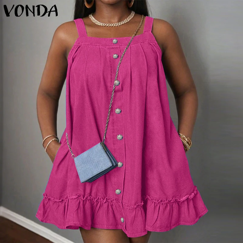 

Denim Dress Sleeveless Summer Party Vestidos Women Casual Square Sleeve Mini Sundress 2025 Oversized Loose Buttons Ruffled Robe