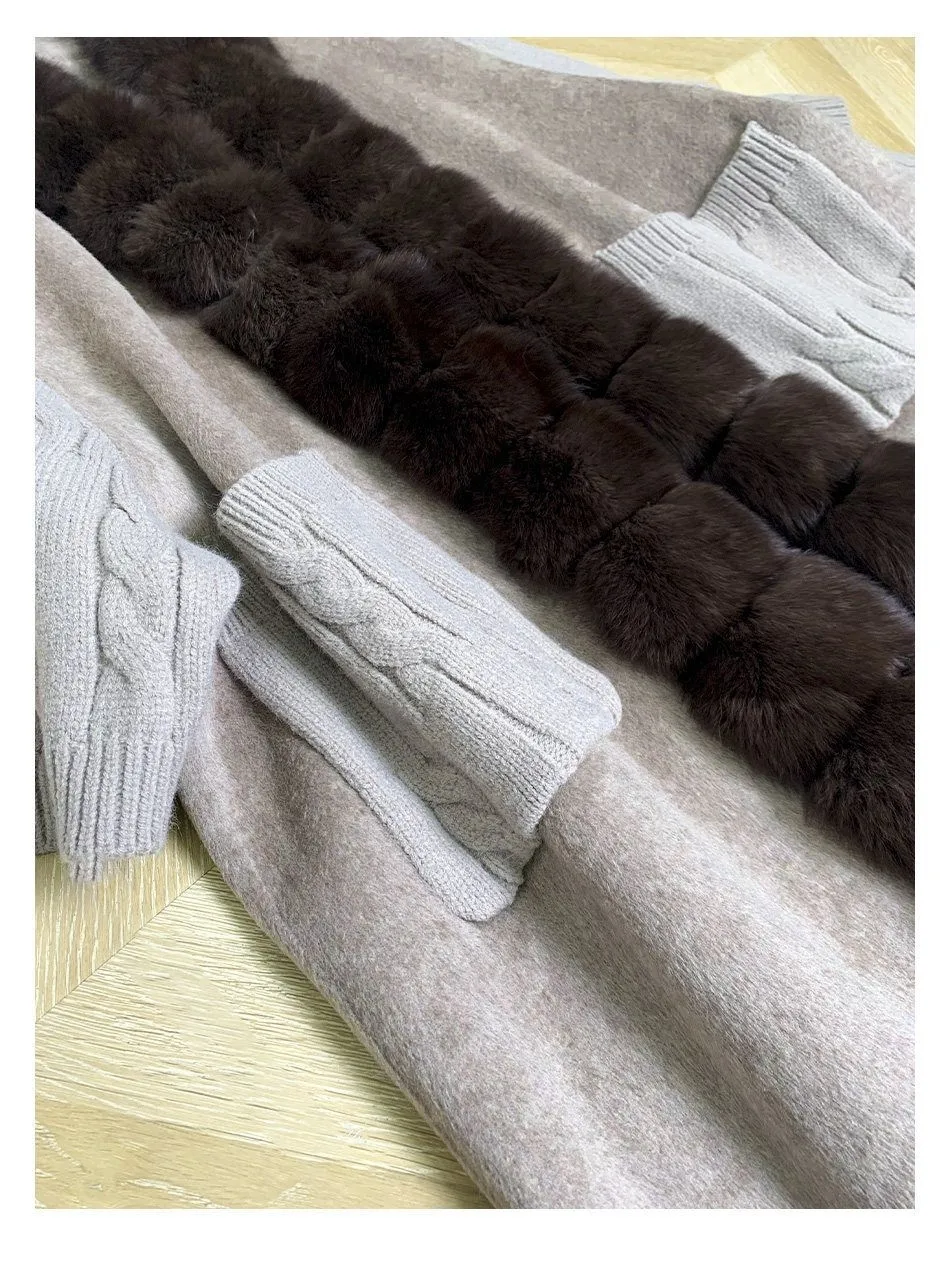 New Luxury Winter Real Natural Fox Fur Collar Woolen Blends Knit Long Overcoats Women Loose Warmth Cashmere Fur Jacket