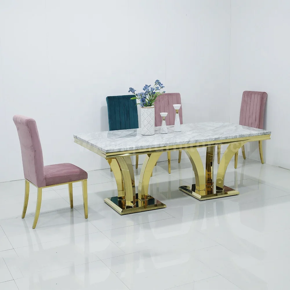 China Dining room furniture marble dining table set rectangle silver stainless steel base dining tables