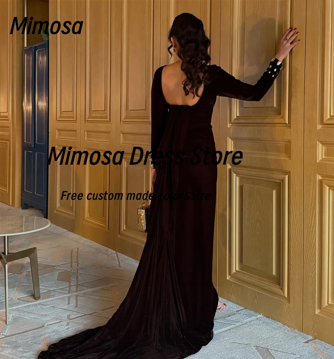 Mimosa Abiti da ballo sexy aperti sul retro Cristalli Abiti da sera a maniche lunghe Le donne saudite indossano abiti da festa in velluto personalizzati