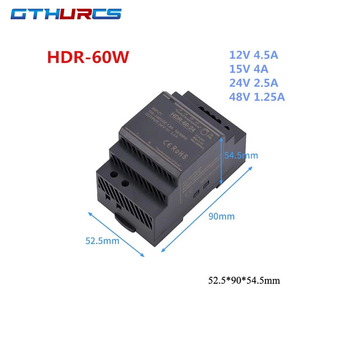 HDR-Series 15W 30W 60W 100W AC-DC 5V 12V 15V 24V 48V Ultra Slim Step Shape DIN Rail Switch Power Supply