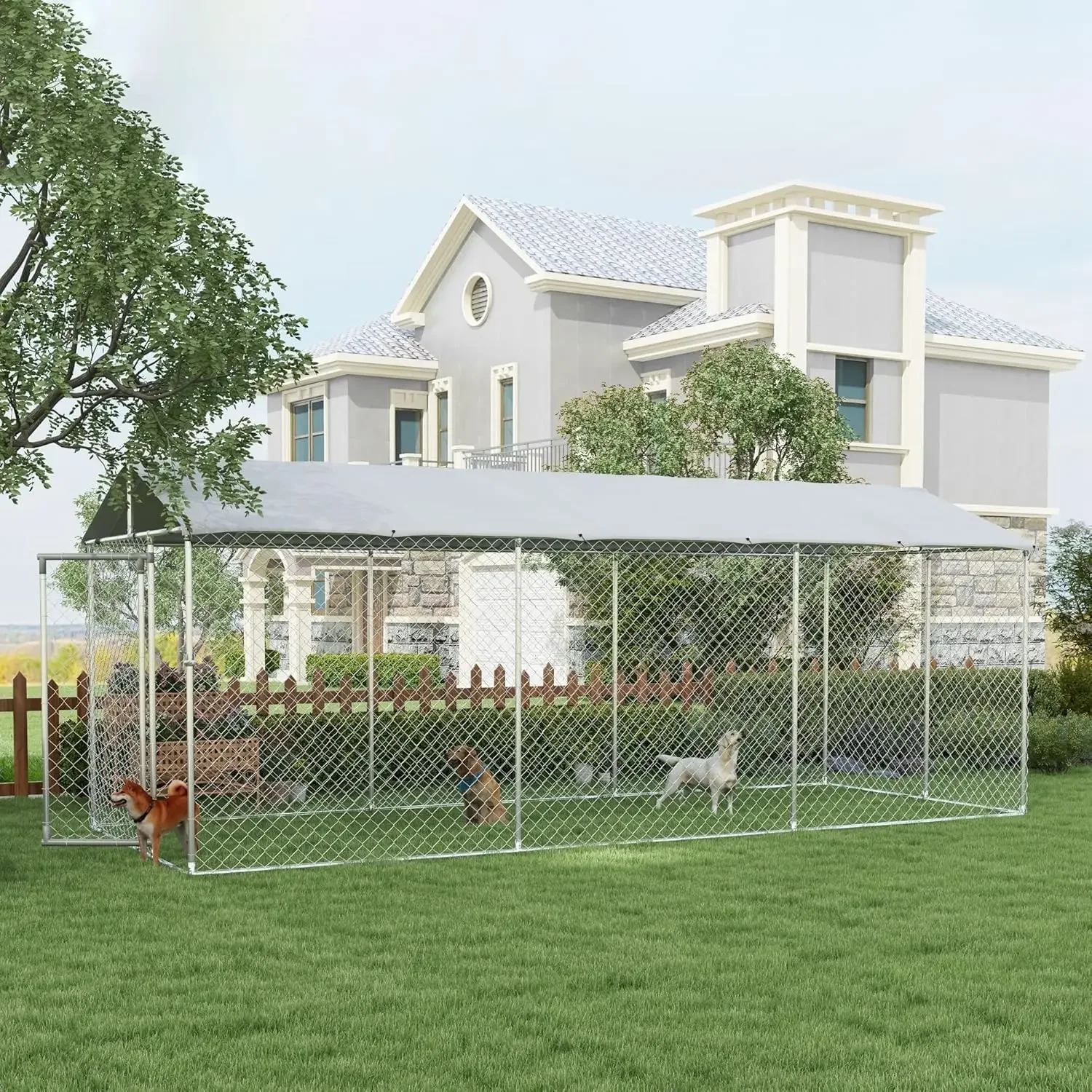 PawHut Large Dog Kennel Outside, Heavy Duty Dog Cage with Waterproof Cover, Outdoor Fence Dog Run with Galvanized Chain Link, Se