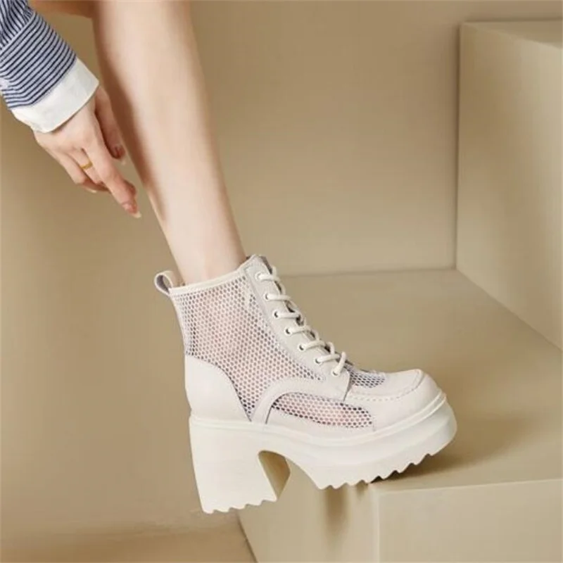 10CM Women Sandals Comfortable Ankle Boots Lace-Up Fashion Summer Round Toe Platform Wedge High Hidden Heels Ladies Breathable