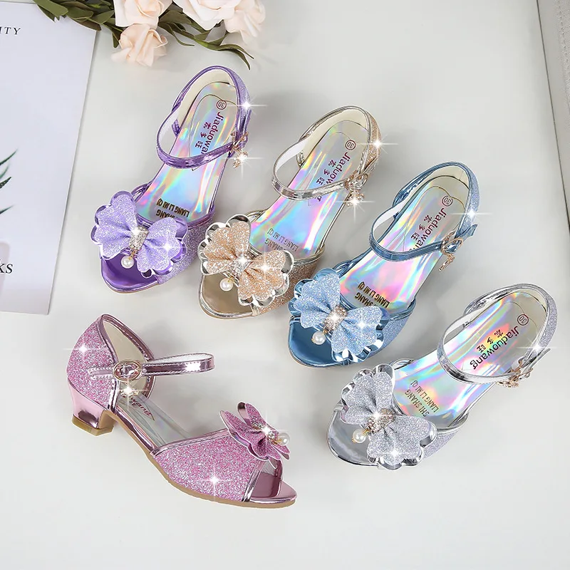 Princesa crianças sapatos de couro para meninas flor casual glitter crianças salto alto meninas sapatos borboleta nó azul rosa prata