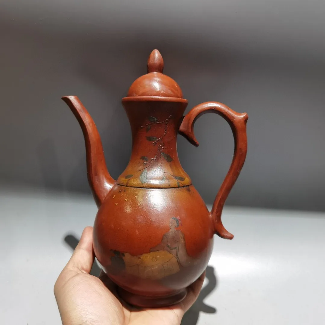 

Old Chinese Handicraft Enameled YiXing Zisha (red stoneware) Teapot,A slender-necked teapot,with mark, Free shipping