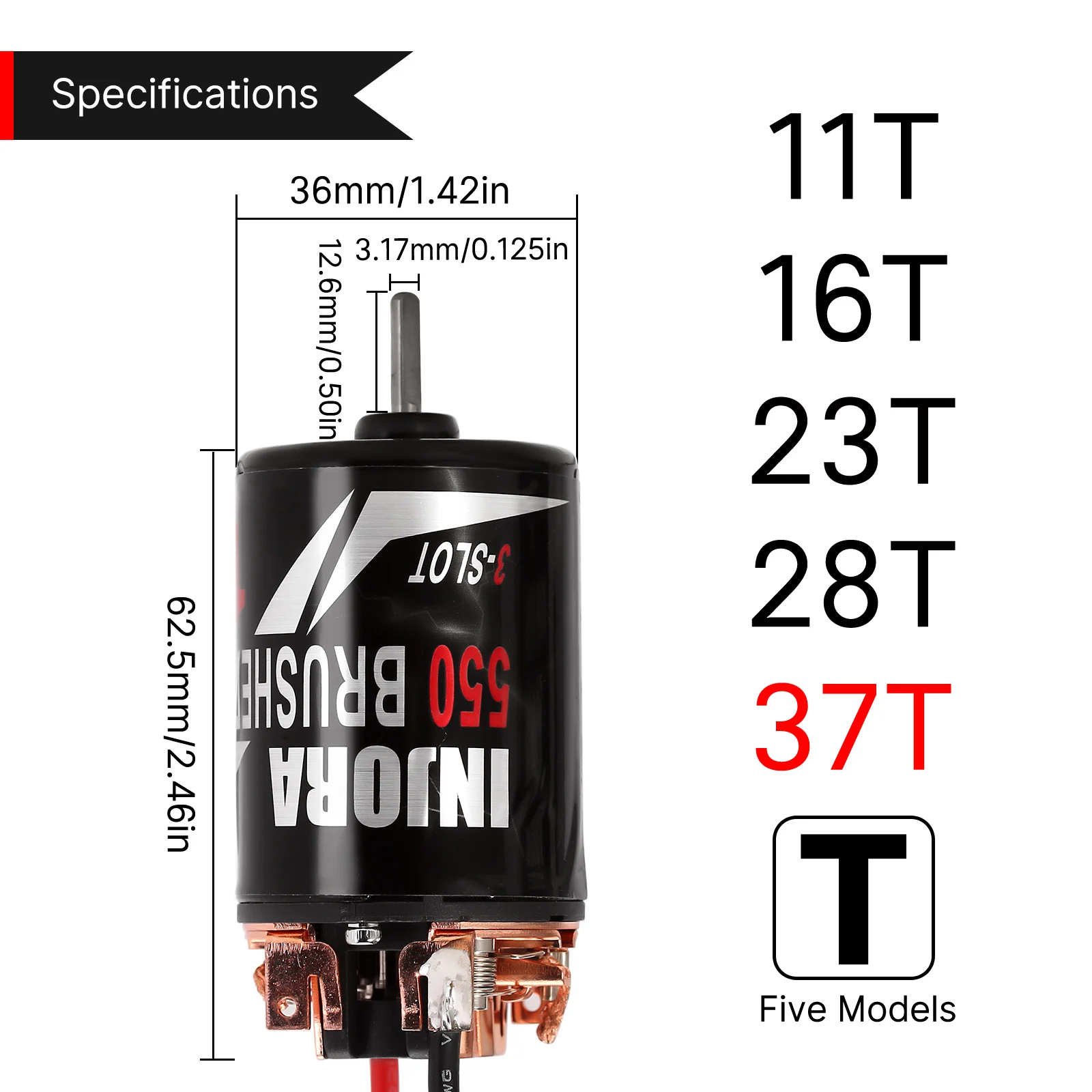 INJORA Waterproof 3-SLOT 550 Brushed Motor 11T 16T 23T 28T 37T for 1:10 Scale RC Model Car Crawler Truck Buggy (INM09)