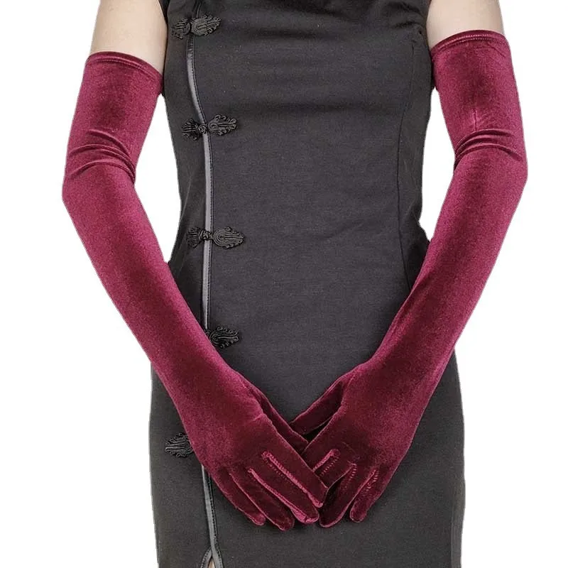 Vestido de cena de terciopelo dorado para mujer, manoplas delgadas de invierno, manga larga de ciclismo, guantes elásticos de dedo completo, guantes