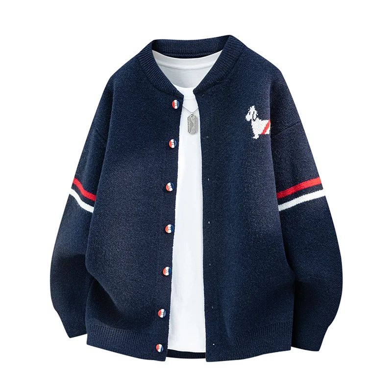 

Sausage Dog Jacquard Striped Round Neck Cardigan Sweater Men's Autumn and Winter High-end Casual Knitwear Jacket