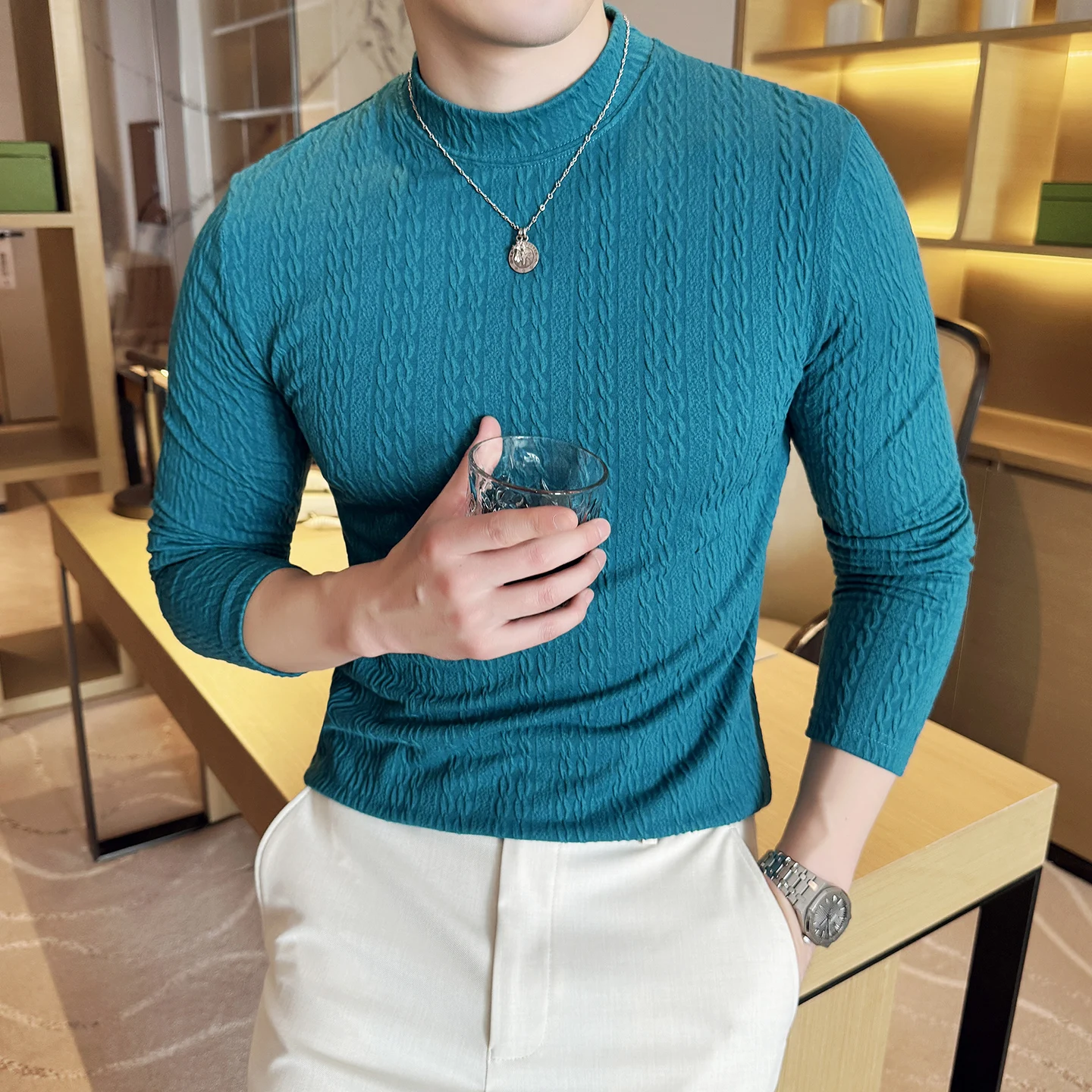 

Осень/зима 3D жаккардовая полосатая футболка с половиной высокого воротника для мужчин, модная универсальная базовая рубашка с длинными рукавами, повседневная деловая футболка