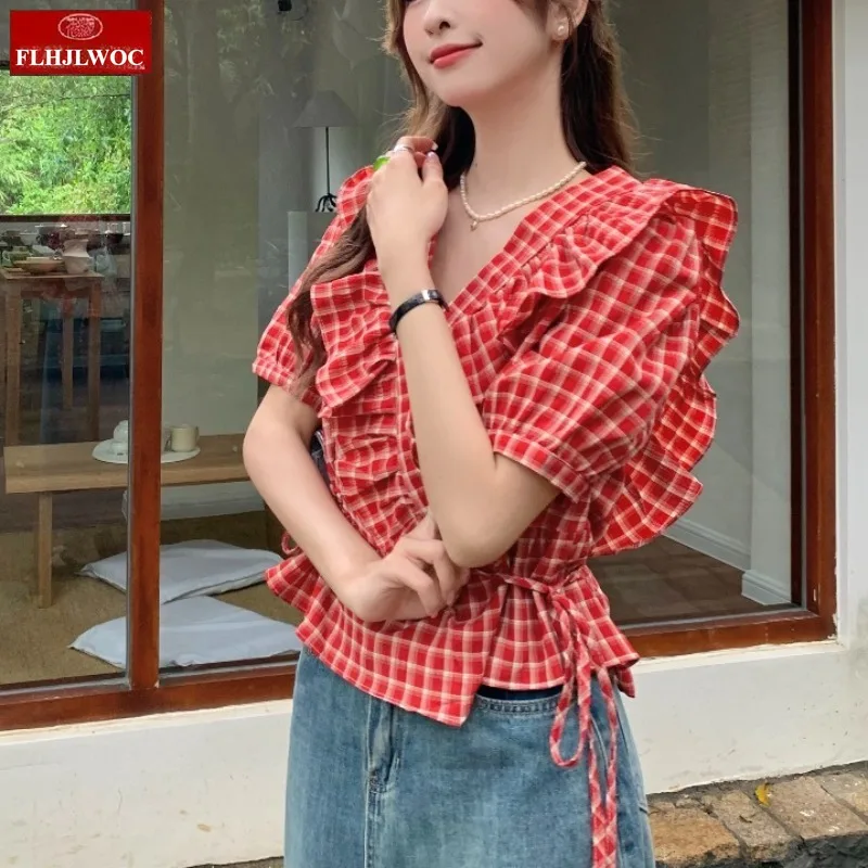 Blusas femininas com cadarço, blusas fofas para férias, data, meninas, retrô, verão, manga curta, babados, peplum, camisas xadrez vermelhas, 2025