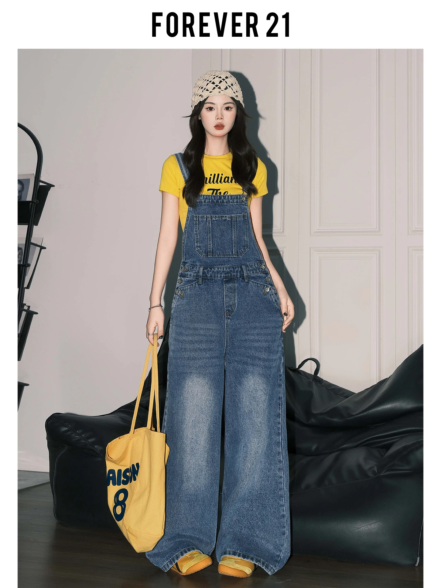 Overoles Anchos Azules Vintage de Forever 21 para Mujer, Pantalones Vaqueros Holgados de Cintura Alta con Corte de Pera, Estilo Americano para Verano
