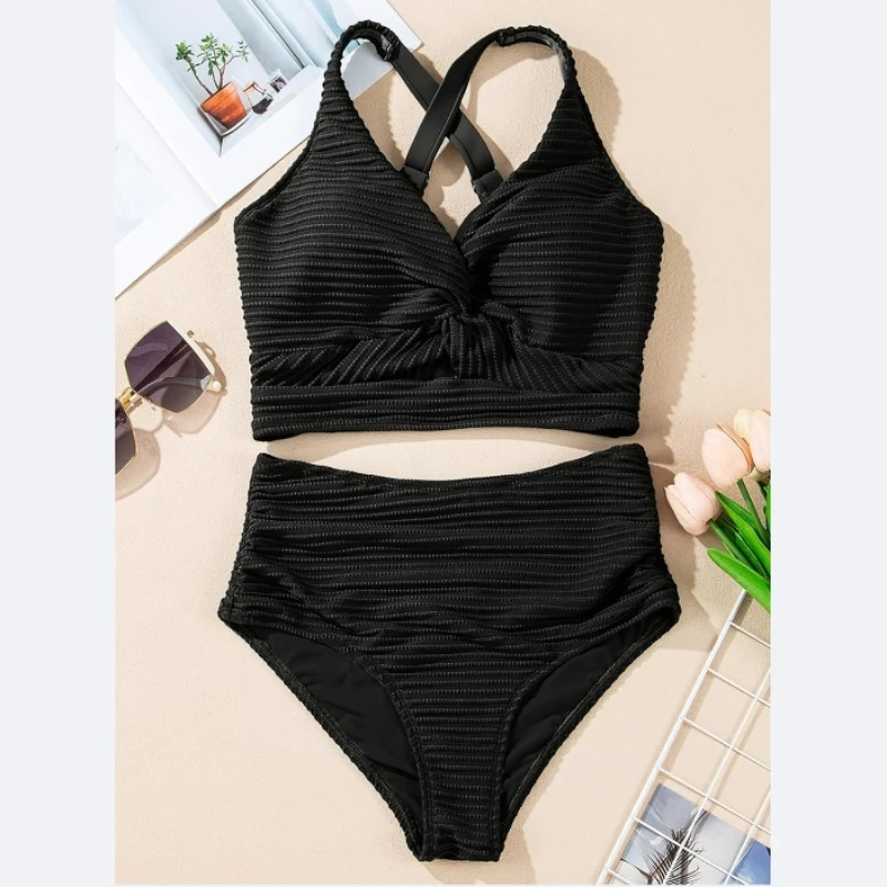 Damskie teksturowane zestawy bikini Twist Front Top Stroje kąpielowe Kostiumy kąpielowe z wysokim stanem, elastyczne, wygodne i dopasowane