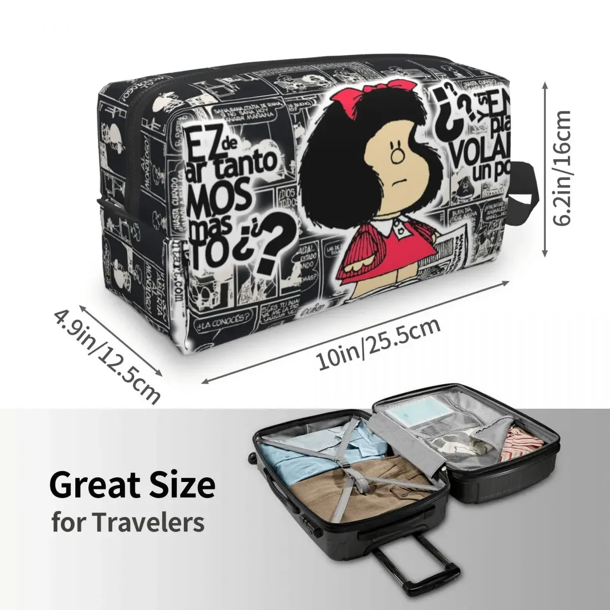 Funny Mafalda Print Large Capacity Travel Makeup Pouch Portable Waterproof Toiletry Bag Storage Bag